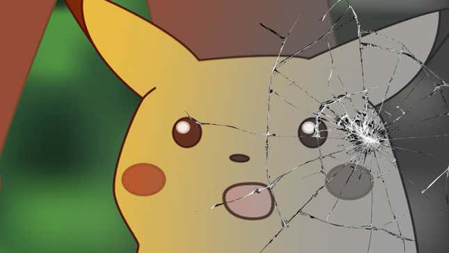 Glass breaks in front of Pikachu who reacts by making a shocked face.