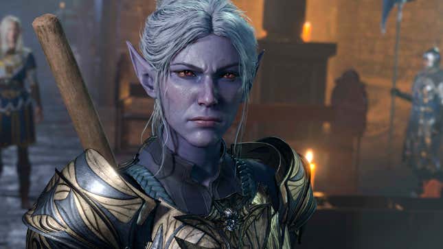 A dark elf glares at her Xbox Series S. 