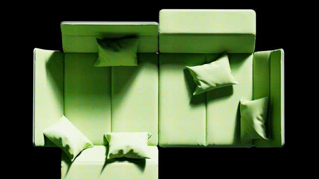 A overhead shot of several Couch in an Envelope's pushed together to create a larger seating arrangement.