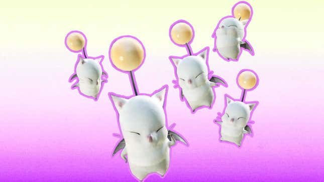 A team of floating Moogle hover over a gradient pink-and-yellow background.