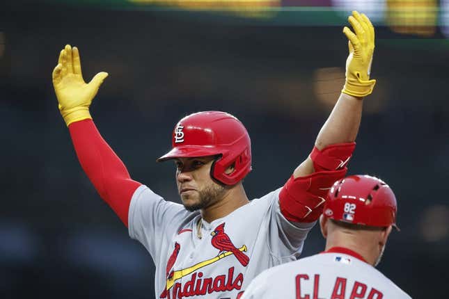 May 8, 2023; Chicago, Illinois, USA; St. Louis Cardinals catcher Willson Contreras (40) reacts after hitting a single against the Chicago Cubs during the second inning at Wrigley Field.