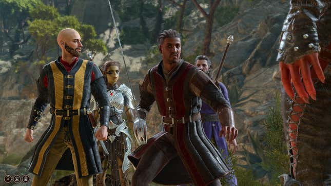 Wyll is shown raising his sword at Karlach while Gale, Lae'zel, and Tav watch.