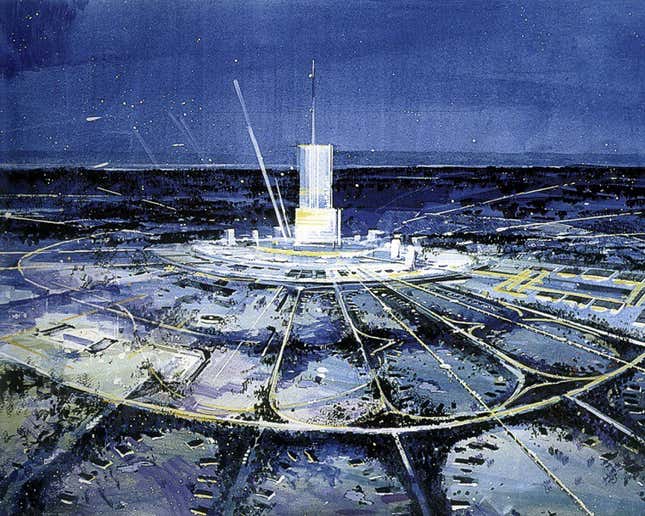 A “real city that would never cease to be a blueprint of the future.” Downtown EPCOT and green belt.