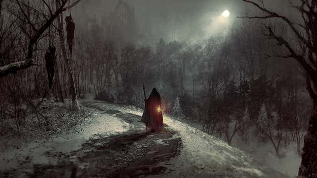 A cloaked figure walks down a road with a lantern at night.