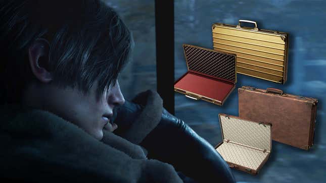 Leon Kennedy looks out the window where four attache cases hover in the distance.