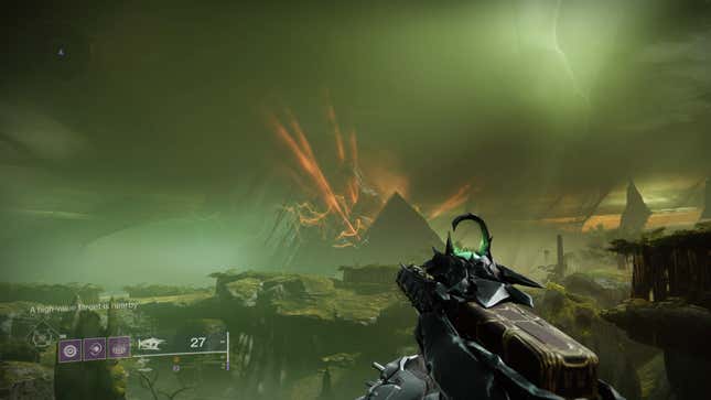 A Guardian looks out at the shattered black pyramid on Savathun's Throne World.