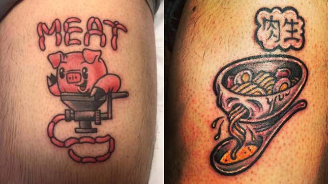Pig meat tattoo and ramen noodle tattoo