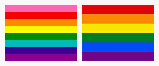 The original eight-stripe version and the current six-color version