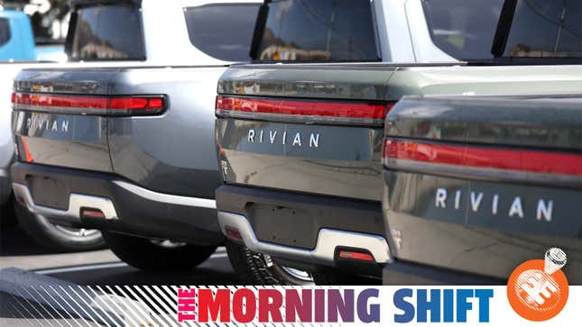 A row of Rivian R1T trucks parked together, seen from the rear-quarter view, with the Jalopnik "The Morning Shift" banner overlaid.