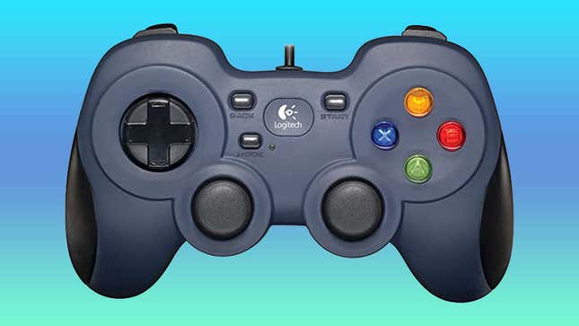 A wired Logitech controller on a gradient blue-green background.