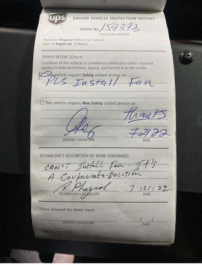A photo of a UPS driver's request