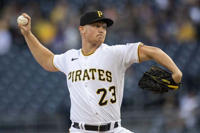 Apr 11, 2023; Pittsburgh, Pennsylvania, USA; Pittsburgh Pirates starting pitcher Mitch Keller (23) throws the ball to start the game against the Houston Astros at PNC Park.