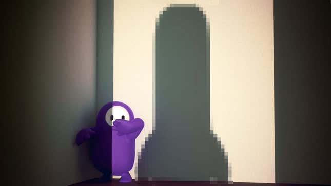 A character from Fall Guys stands scared while a large, rod-shaped shadow looms near.