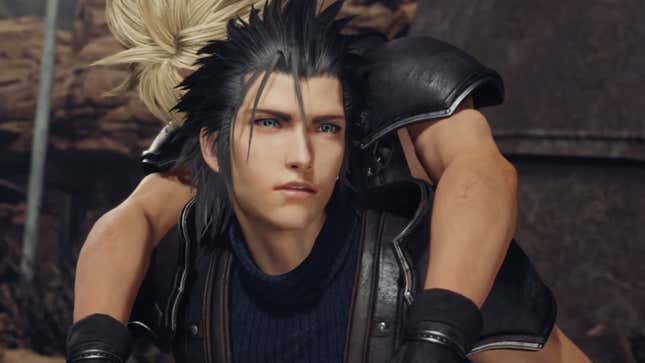 Zack looks beyond the camera while carrying Cloud on his back.