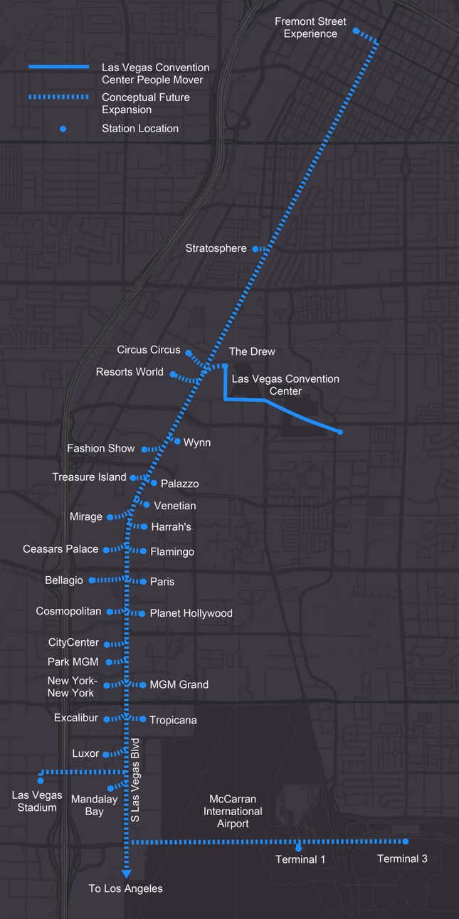 En línea continua, el túnel proyectado en Las Vegas. En línea discontinua, la expansión propuesta por The Boring Company