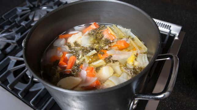 overhead view of stock pot on the stove