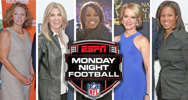 Need some qualified women to broadcast Monday Night Football games? How about (from l.) Beth Mowins, Laura Okmin, Pam Oliver, Andrea Kremer, or Lisa Salters, to name five.