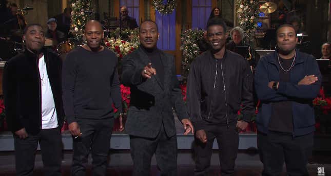 Tracy Morgan, Dave Chappelle, Eddie Murphy, Chris Rock and Kenan Thompson on the Dec. 21 edition of NBC’s Saturday Night Live.