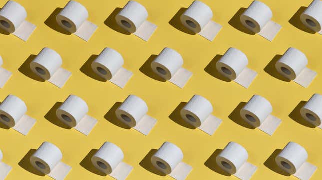 Rolls of toilet paper arranged in a grid on a yellow background.