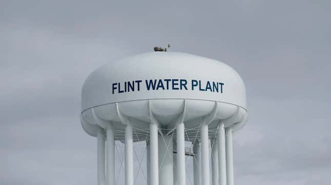 The Flint Water Plant tower hangs over the city in this February 2016 photo.
