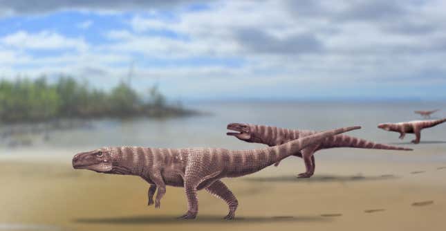 Artist’s interpretation of two-legged crocodiles from the Cretaceous.