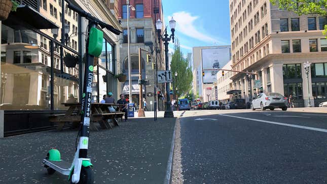 A Lime scooter on the streets of Portland, Oregon in May 2019.