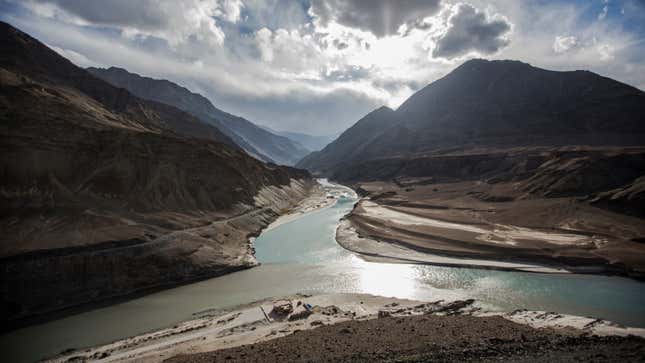 Where the Indus River and Zanskar River meet near Leh in Ladakh, India.
