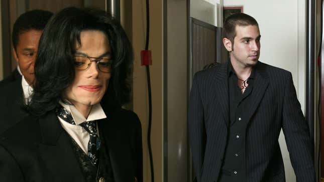 Michael Jackson re-enters the courtroom after a break during his molestation trial on April 12, 2005; Defense witness Wade Robson, arrives at Michael Jackson’s child molestation trial on May 5, 2005.