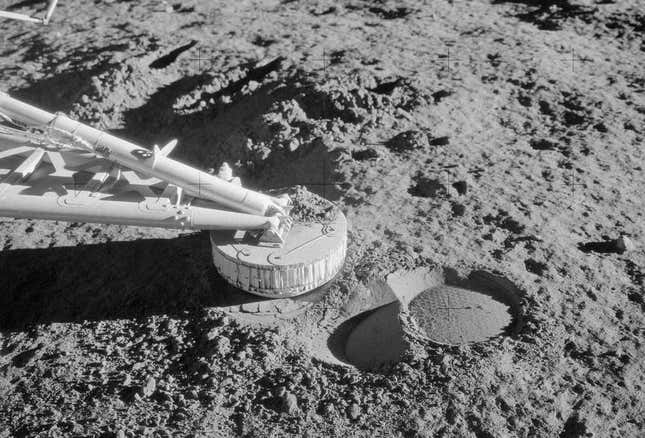 A Surveyor 3 footpad rests on the dusty lunar surface. The imprint was caused by the probe bouncing off the surface during landing.