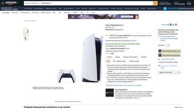 Imagen para el artículo titulado Sony publica un anuncio en Amazon Francia con las dimensiones, el precio y la fecha de salida de la PS5