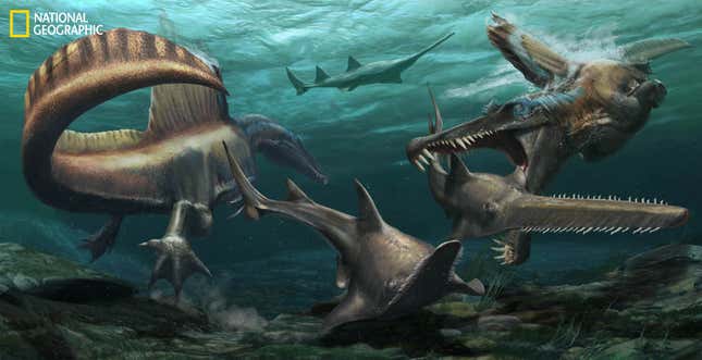 Depiction of two spinosaurs hunting Onchopristis, a Cretaceous sawfish.