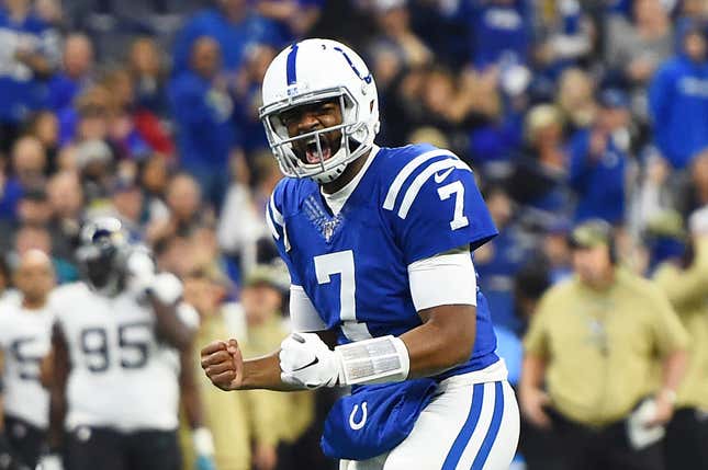 Jacoby Brissett #7 of the Indianapolis Colts celebrates a touchdown against the Jacksonville Jaguars during the first quarter at Lucas Oil Stadium on November 17, 2019 in Indianapolis, Indiana. (Photo by Stacy Revere/Getty Images)