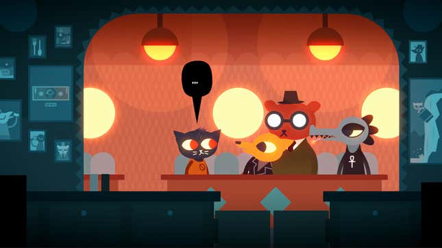 Night in the Woods protagonist Mae hangs out in a cafe with Gregg, Angus, and Bae.