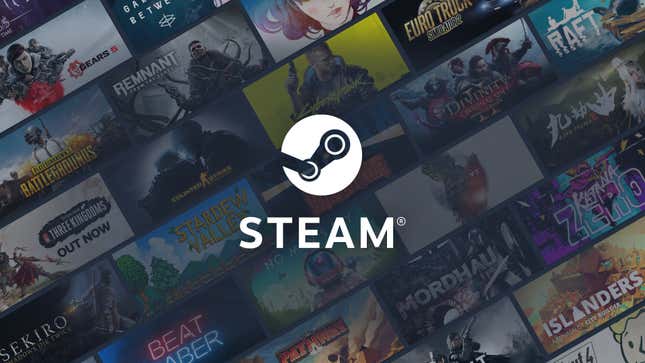 The Steam logo in white hovering above a collage of PC game covers and titles. 