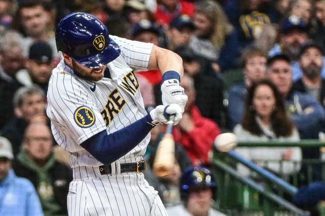 Apr 29, 2023; Milwaukee, Wisconsin, USA; Milwaukee Brewers second baseman Owen Miller (6) hits a double against the Los Angeles Angels in the third inning at American Family Field.