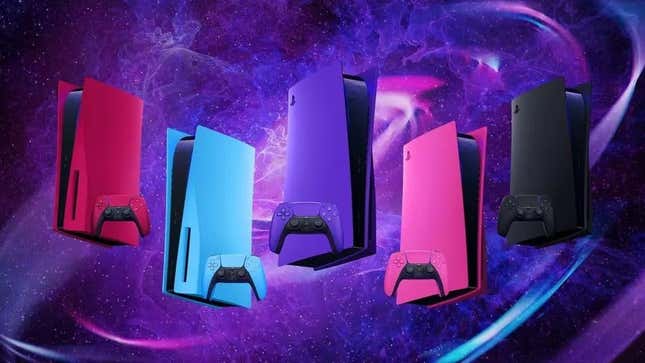 Fives colorful PS5s hover over a purple background.