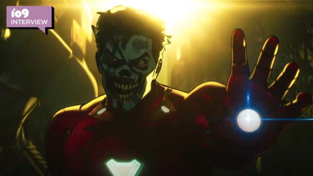 A zombified Iron Man preparing to blast you with his repulsor beam in a still from Marvel's animated What If series.