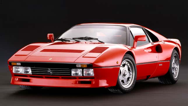 A photo of a red Ferrari 288 GTO from the 1980s. 
