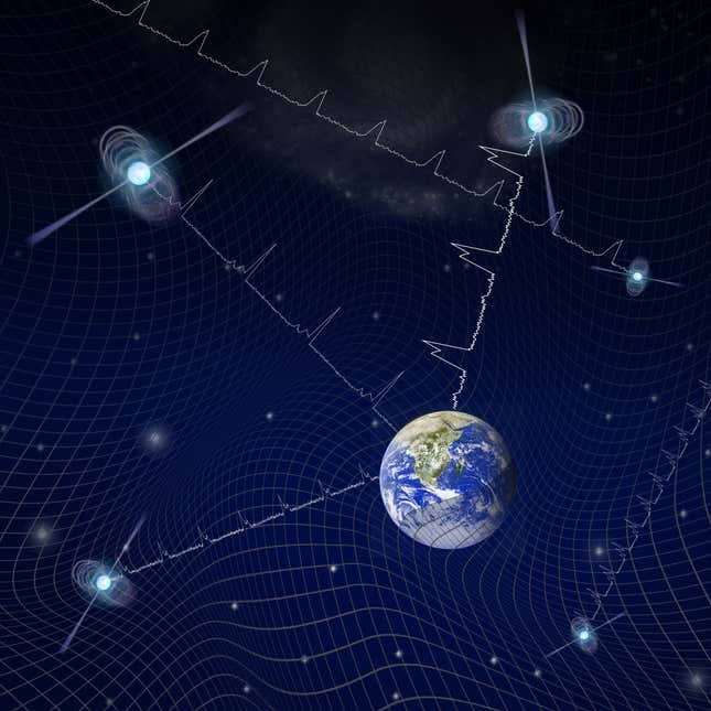 An illustration showing how NANOGrav uses pulsar timing to detect gravitational waves.