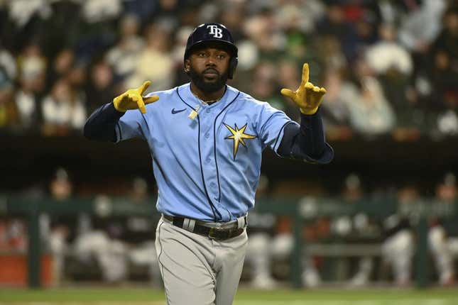 Apr 29, 2023; Chicago, Illinois, USA; Tampa Bay Rays left fielder Randy Arozarena (56) after he hits a three run home run against the Chicago White Sox during the seventh inning at Guaranteed Rate Field.