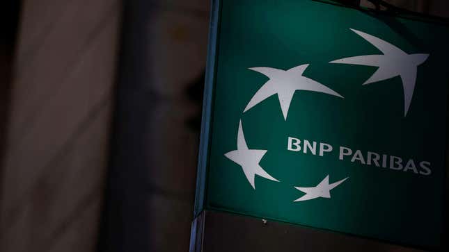 The logo of BNP Paribas bank is pictured on an office building in Nantes, France, March 16, 2023.