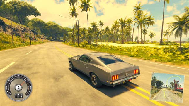 A screenshot shows an old muscle car driving near a sunny beach. 