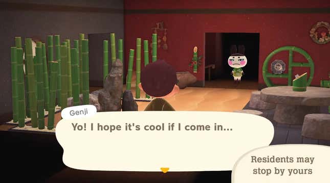Animal Crossing's Genji villager barges in on the player's home. 