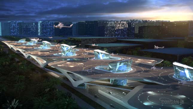 Artist rendering of a “Sky Port,” part of Uber’s effort to create new infrastructure for flying cars.