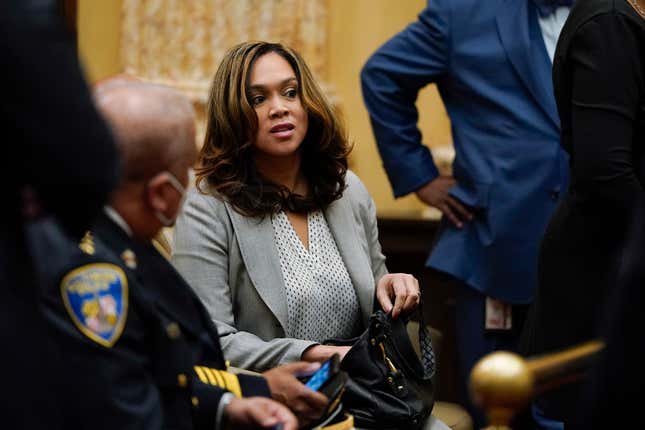 Maryland State Attorney Marilyn Mosby arrives prior to Baltimore Mayor Brandon Scott’s State of the City address, Tuesday, April 5, 2022, in Baltimore. 