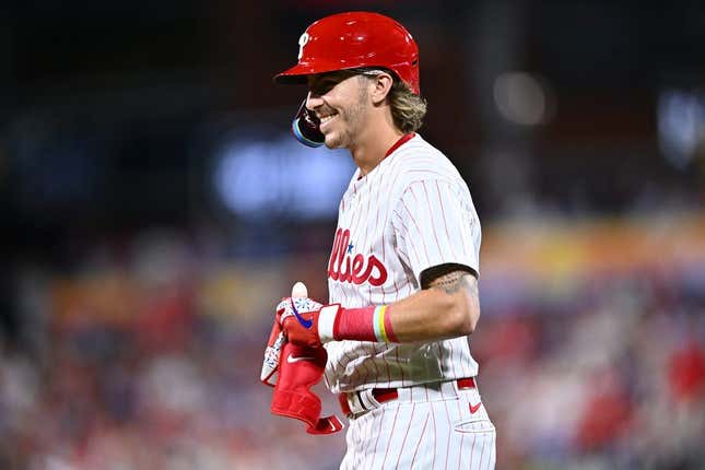 Aug 29, 2023; Philadelphia, Pennsylvania, USA; Philadelphia Phillies second baseman Bryson Stott (5) reacts after hitting an infield single against the Los Angeles Angels in the sixth inning at Citizens Bank Park.