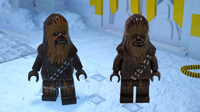 Chewbacca's digital minifig and the real-life counterpart. 