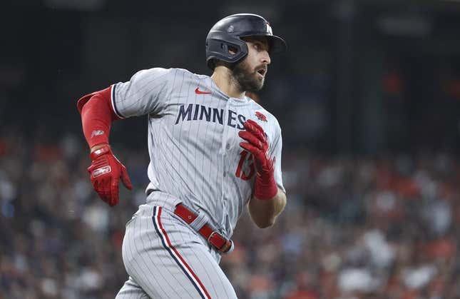 May 29, 2023; Houston, Texas, USA; Minnesota Twins first baseman Joey Gallo (13) runs to first base on a single during the first inning against the Houston Astros at Minute Maid Park.