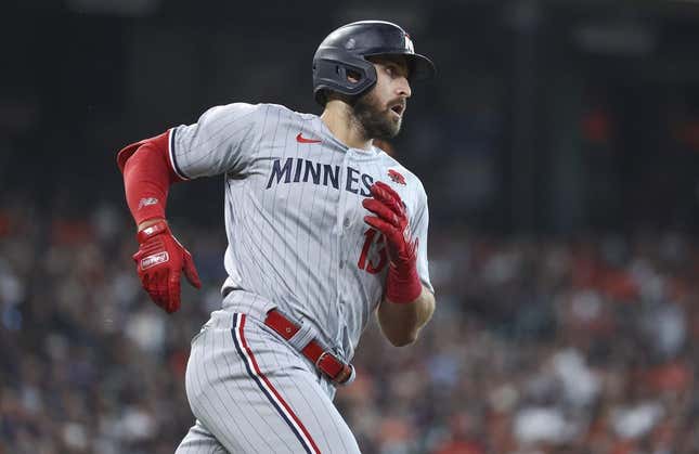 May 29, 2023; Houston, Texas, USA; Minnesota Twins first baseman Joey Gallo (13) runs to first base during the first inning against the Houston Astros at Minnesota Field.