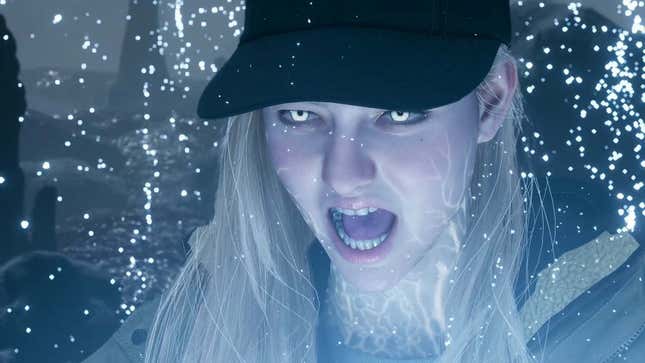 A young woman screams while she is surrounded by glowing blue sparks. 